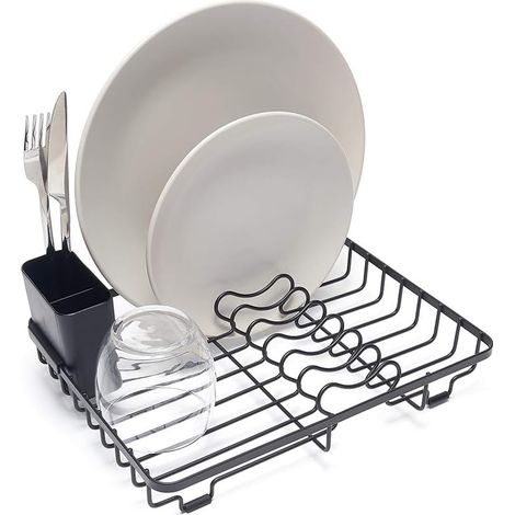 Égouttoir à Vaisselle Compact – Égouttoir à Assiettes avec Panier à Couverts – Petit - Acier Enduit de Poudre Noire (1/5)