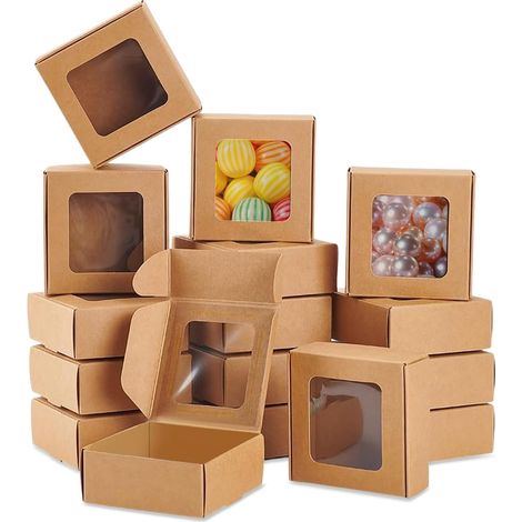 Pack of 32 Kraft Paper Boxes with Transparent Window, 75 x 75 x 30 mm (1/5)