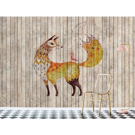 Papier peint panoramique renard jaune & doré Tapisserie panoramique chambre enfant & salon Papier peint panoramique bois original avec animaux (1/3)