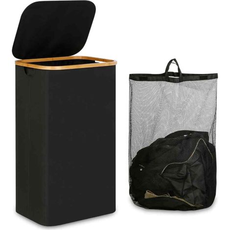 Panier à linge sale pliable en bambou avec couvercle et sac intérieur en filet,40.53365cm,Noir (1/5)