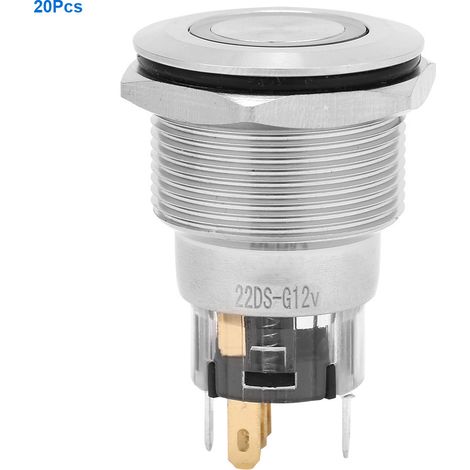 20 pièces interrupteur poussoir plat 22mm auto-bloquant inox NO+NC+C bouton vert lumineux, anneau plat acier inoxydable, commutation verrouillable (1/5)