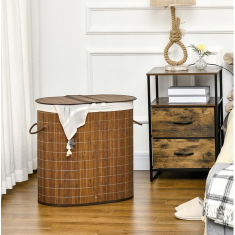 Cesto para la ropa sucia de bambú marrón 62,5 cm, 100 L, con tapa y 2 compartimentos (1/5)