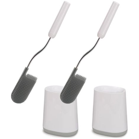 Paquete de 2 cepillos de baño Joseph Joseph Flex Lite diseño flexible e higiénico con cabezal en forma de D para limpieza eficaz, incluye soporte, color gris claro (1/5)