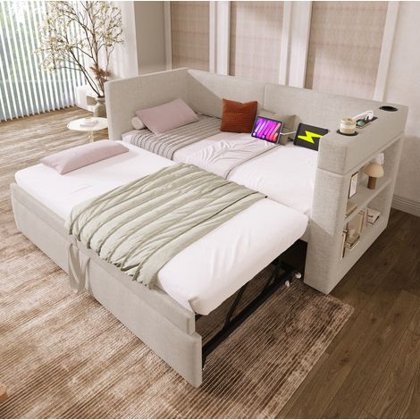 Tagesbett 90x200 cm Beige aus Baumwoll-Leinen-Mix mit Ausziehbett, USB/Type-C, Getränkehaltern und Ablagen (1/5)