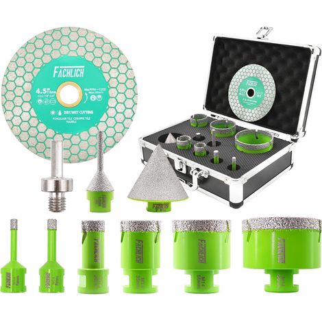 Scie Cloche Carrelage Kit - 11 Pièces Foret Diamant Carrelage Kit(6/8/20/25/35/50/68mm+6-25mm Fraise+50mm Foret Chanfreineuse+Adaptateur)+Disque Diamant,Scie Cloche Diamantée (1/5)