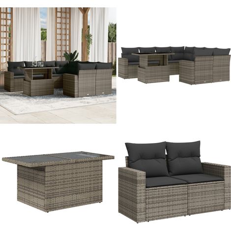 Salon de jardin 9 pcs avec coussins gris résine tressée - Ensemble Salon De Jardin - Meuble Extérieur - Jardin Design - Mobilier Résistant Aux Intempéries - Chaise Lounge - Home & Living (1/5)