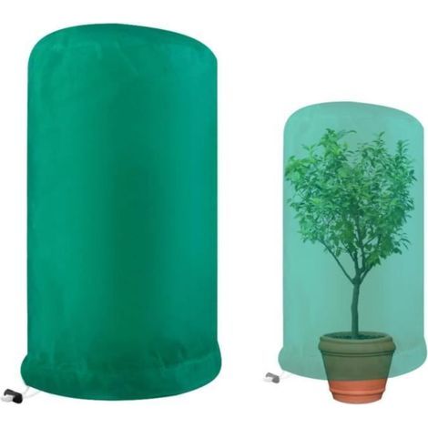 Reusable winter plant cover with drawstring and zipper.