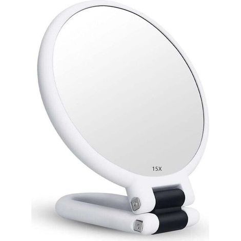 Espejo plegable de doble cara con aumento de 15x y asa, espejo de maquillaje portátil, espejo de peluquería, espejo plegable para diversos detalles de maquillaje (plateado) (1/4)