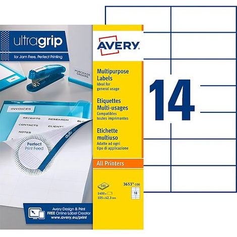 Etiquette adresse jet d'encre et laser 105 x 42,3 mm Avery 3653-100 blanche - Boîte de 1400 (1/2)