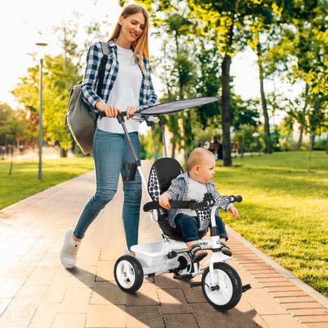 Tricycle enfant avec pare-soleil, pliable, poignée de poussée amovible, compartiment de rangement, 105 x 47 x 98 cm, acier, blanc et noir (1/5)