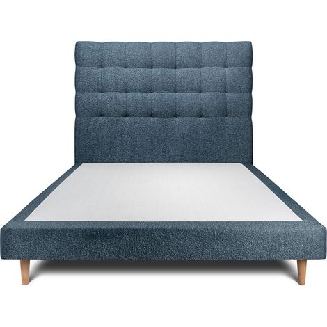 Lit 150x190cm avec tête de lit capitonnée bouclette et sommier tapissier Bleu - Hauteur totale : 29cm (1/5)
