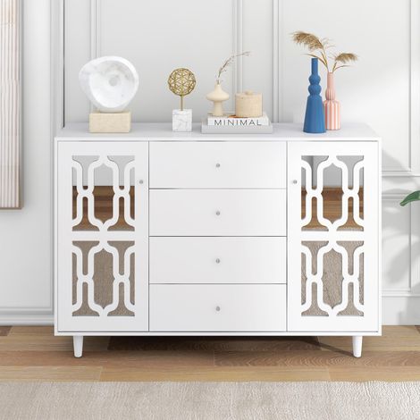 Comò 147 cm, con 2 porte a specchio, 4 cassetti, 2 ripiani regolabili, stile moderno, buffet - Bianco