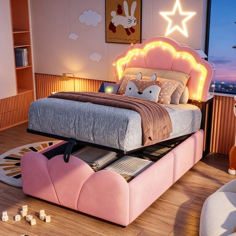 Lit coffre 90x200 cm avec rangement hydraulique, LED et ports USB et Type-C, en velours, rose, sans matelas (1/4)