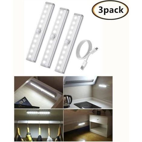3pcs Lampe Détecteur de Mouvement, Lampe de Placard, USB Rechargeable Veilleuse LED,10 LED Lampe Escalier-Blanc,pour Cabinet Pende (1/4)