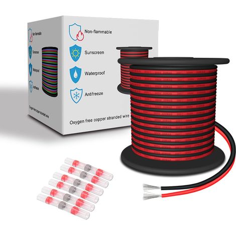 Fil Electrique en Silicone 20 AWG Rouge/Noir 15,24 Mètres/Couleur 0,52 mm² 2 Cordons 20/2 Câble de Raccordement Flexible en Cuivre Etamé Toronné (1/5)