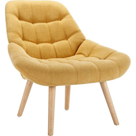 Vente-Unique – Fauteuil relax en tissu jaune moutarde – Piètement en bois – Assise capitonnée – Dimensions 87x79x83 cm – Charge max 120 kg