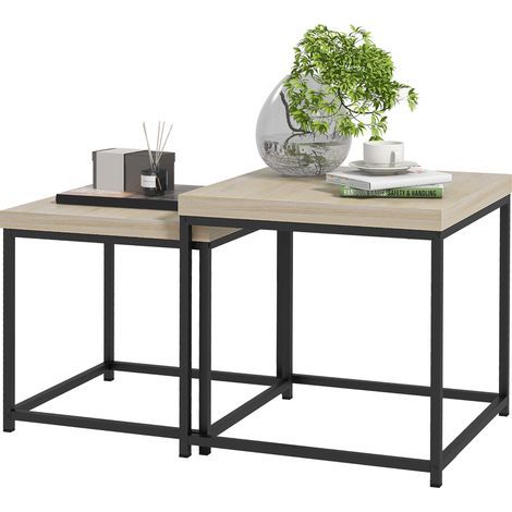 Lot de 2 tables gigognes tables basses carrées tables de salon cadre en acier et plateaux en panneaux de particules (1/5)