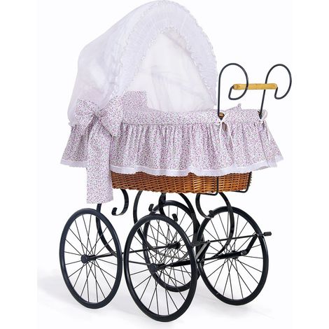 Moisés de mimbre retro Jasmine con capota plegable - Ropa de cama de encaje natural y rosa (1/5)