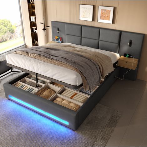 Letto imbottito 180x200 cm in velluto grigio scuro con testiera contenitore, LED, USB-C e vano sollevabile (1/5)