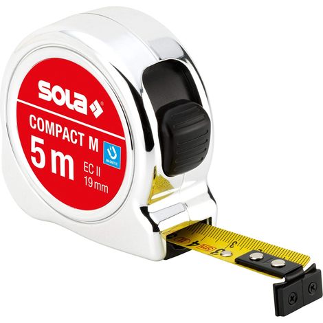 SOLA Cinta métrica magnética Compact M – 5 m/19 mm – Cinta métrica con clip para cinturón – Banda de acero lacado amarillo con escala mm – Clase de precisión II – Rollmeter con gancho móvil – Longitud