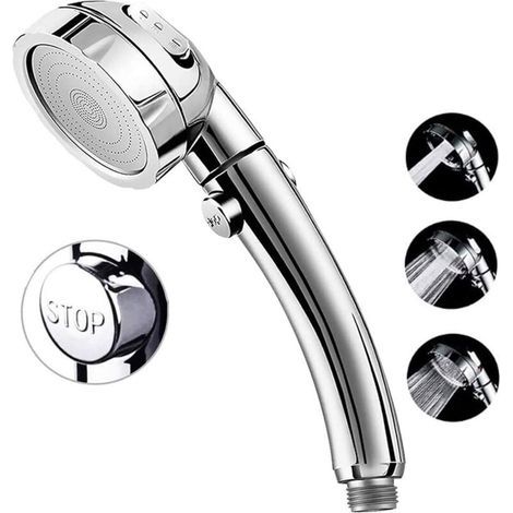 Pommeau de douche haute pression, pomme de douche à main à 3 réglages avec bouton poussoir d\'arrêt complet marche/arrêt et interrupteur pour contrler le débit, jets corporels à économie d\'eau à angl (1/5)