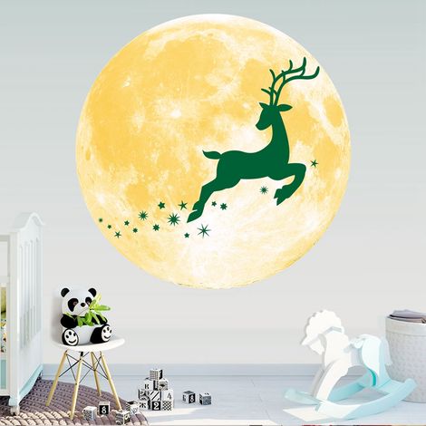 Sticker mural lumineux en forme de lune de 30 cm, thème Noël, avec cerf (1/4)