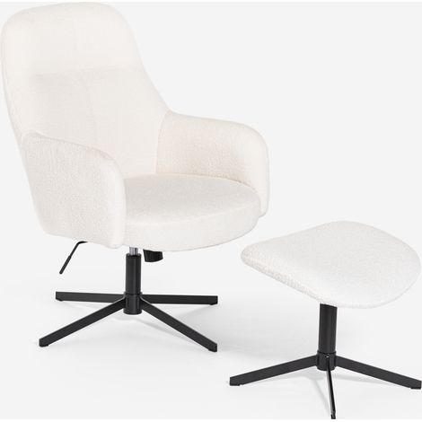 Sillón con reposapiés de tela bouclé color blanco para salón y oficina Shiro (1/5)