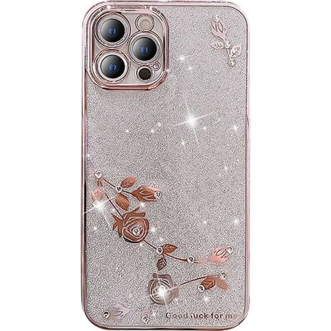 Custodia per iPhone 12 Pro, fiore glitterato, oro rosa (1/2)