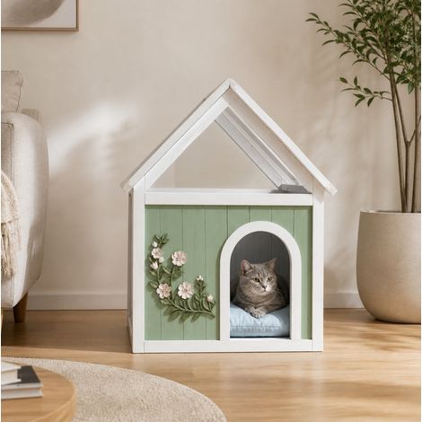 Casa para gatos de madera con techo de acrílico, estilo casita, para gatos y perros pequeños (1/5)