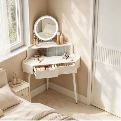 Coiffeuse d'angle avec miroir rond dimmable, 2 tiroirs, blanche OKMYHOME (1/4)
