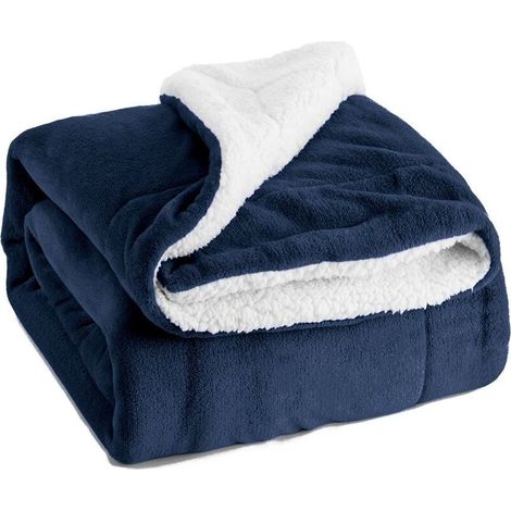Plaid Couverture Polaire en Sherpa, 130x160 Couverture lit 1 Personne Bleu Marine, Plaid Canape Fourrure Jeté de Canapé Réversible, Jete de Canape Petit Épais Chaud et Doux en Peluche 130 x 160(Bleu m (1/5)