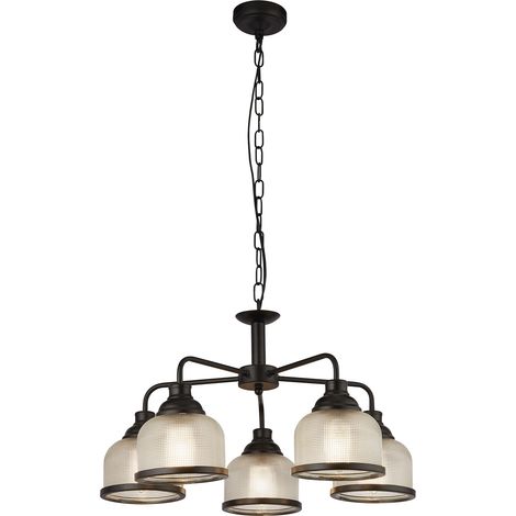 Searchlight Highworth Lampada a sospensione a 5 luci nera, vetro stile olofano (1/4)