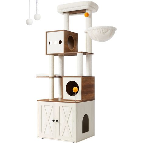 Feandrea – Arbre à chat moderne 180 cm – Cache-litière, griffoir, 2 plateformes, tissu peluche, 2 pompons inclus – Marron miel et blanc rustique