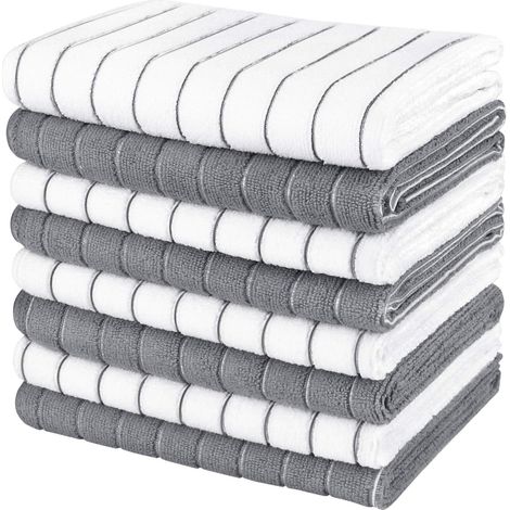 Torchons de cuisine - Lot de 8, torchons ultra doux et absorbants, chiffons de nettoyage en microfibre - Gris/Blanc (1/5)