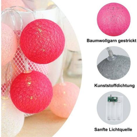 Guirlande Lumineuse Boule Coton, Interieur Decoration Noël Deco, 3M 20er LED Globe Light, (6cm Rose/Rouge) (1/4)