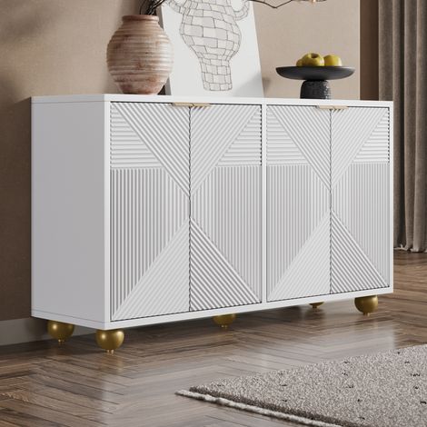 URBAN MEUBLE Buffet blanc 4 portes sculptées, poignées dorées pieds boule 120x35x71.5cm