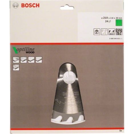 BOSCH DISCO SIERRA OPTILINE MADERA130 X 2.4 X 20/16D: 20WZ Diámetro disco x eje (mm) 210x30 Número de dientes 24