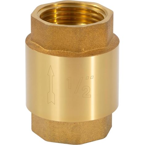 Heavy-duty, rustproof, and watertight 1/2-inch brass check valve for use with a pump, fountain, washing machine, garden, rainwater, or barrel.