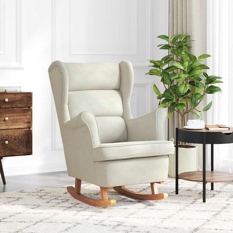 Chaise à Bascule confortable - Fauteuil à bascule pieds en bois massif d'hévéa Crème Velours pour salon -BV70915 (1/5)