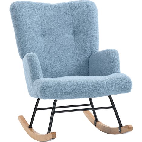 HOMCOM silla mecedora, mecedora de terciopelo de Teddy con respaldo alto, patas de madera de caucho, reposabrazos, carga 120 kg, azul claro