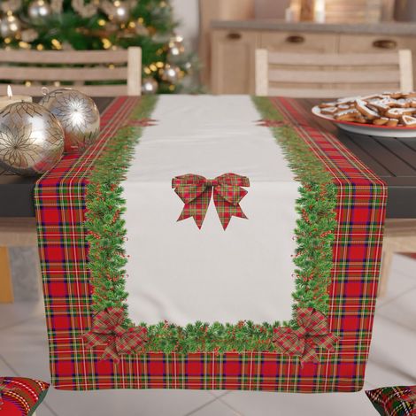 Chemin de Table de Noël 140x40 cm en Microfibre Anallergique, Élégant et Lavable, Décoration Festive pour Salon et Cuisine, Motif 'Noeud Tartan', 100% Fabriqué en Italie (1/4)