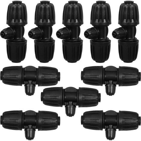 Raccord de tuyau d'irrigation goutte à goutte, lot de 10, en forme de T, noir, compatible avec les tuyaux de 1/2 pouce à 1/4 pouce, pour jardins et exploitations agricoles. (1/5)