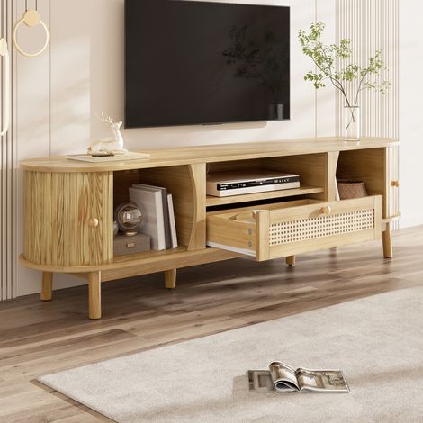 TV-Schrank mit Schiebetüren und Rattanschubladen, offenem Stauraum, für Wohnzimmer, MDF, 165 x 37 x 46 cm