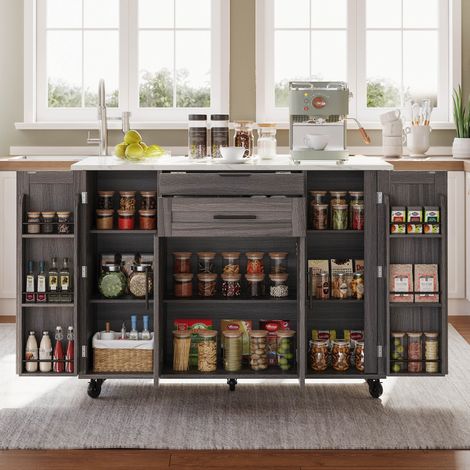 Îlot de cuisine 136/70/92 cm gris avec plateau extensible et rangements (1/5)