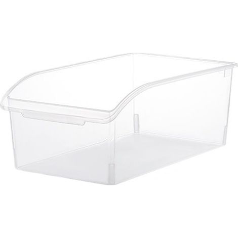 Bac de rangement de garde-manger en plastique transparent à bouche incurvée, panier de stockage des aliments polyvalent de grande capacité pour armoire de réfrigérateur. (1/5)