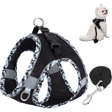 Ensemble Harnais Anti-Traction pour Petits Chiens(Noir, XXS),Harnais Anti-Traction pour Chat avec Laisse,Chat Refléchissant Gilet
