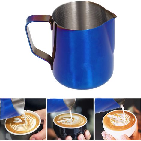 Tasse à café latte art en acier inoxydable 304 avec bec verseur pointu, pichet doseur, outil à mousser le lait, bleu titane, 350 ml (1/5)