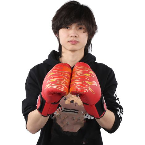 1 paire de gants de boxe universels pour adultes, en cuir PU, avec sac de sable, accessoire d'entraînement Muay Thai rouge. (1/5)