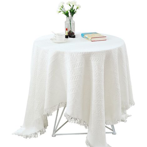 Nappe blanche texturée style français, 130×130 cm, pour table ronde ou carrée (1/5)