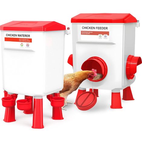 Mangeoire Poules Anti-Nuisibles 12 kg et Abreuvoir Automatique 11 L, Ensemble Anti-Gaspillage avec Capots Anti-Pluie, Pieds Réglables et Crochets, pour Poussins et Poules Adultes (1/5)